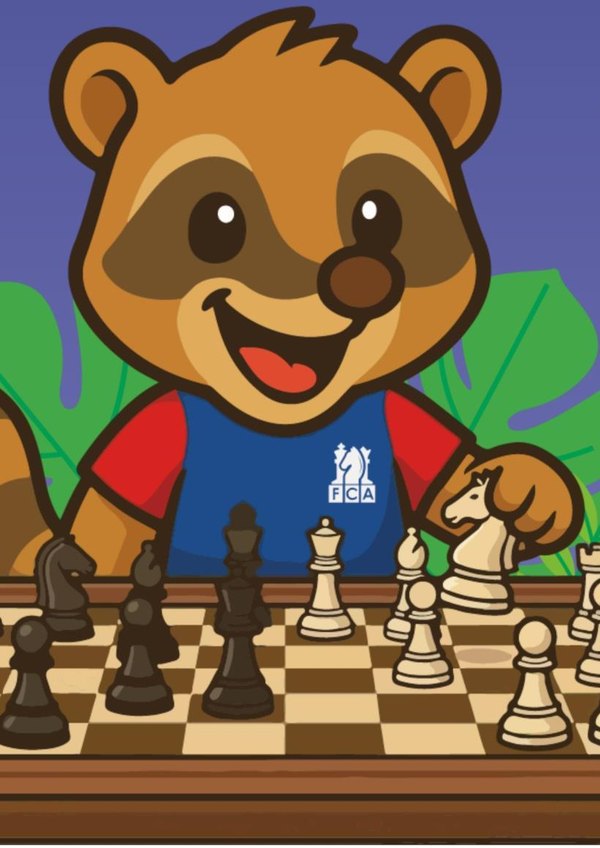 La mascota del campeonato: un pizote sonriente con la camiseta de la FCA, moviendo un caballo en el tablero
